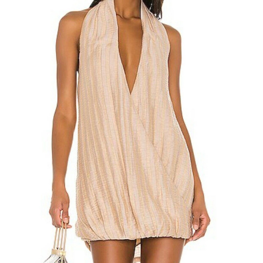 L’academie Elicia Surplice Mini Dress Halter Neck Wheat